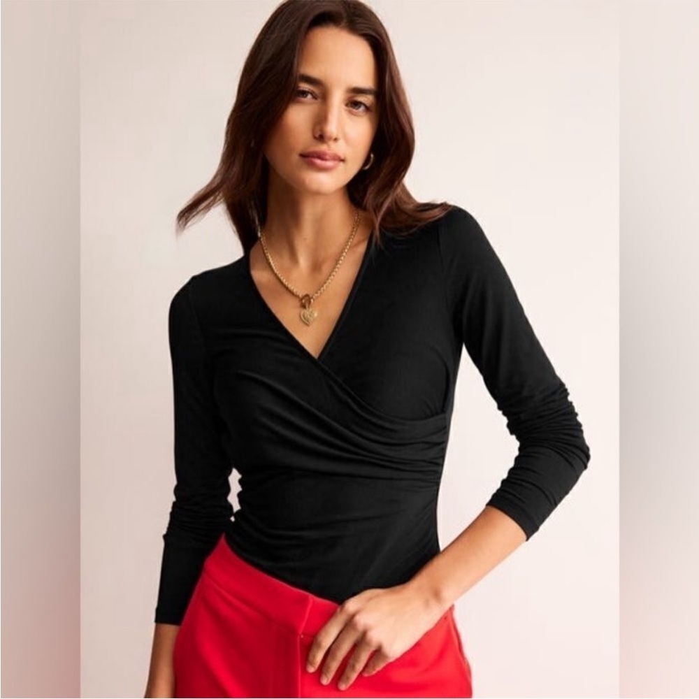 Boden Black Jersey Faux Wrap Top